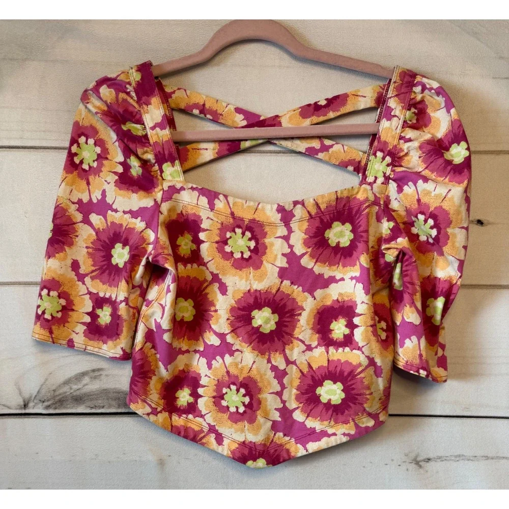 Free People Floral Puff Sleeve Open Back Top Pink Yellow Square Neck Size M